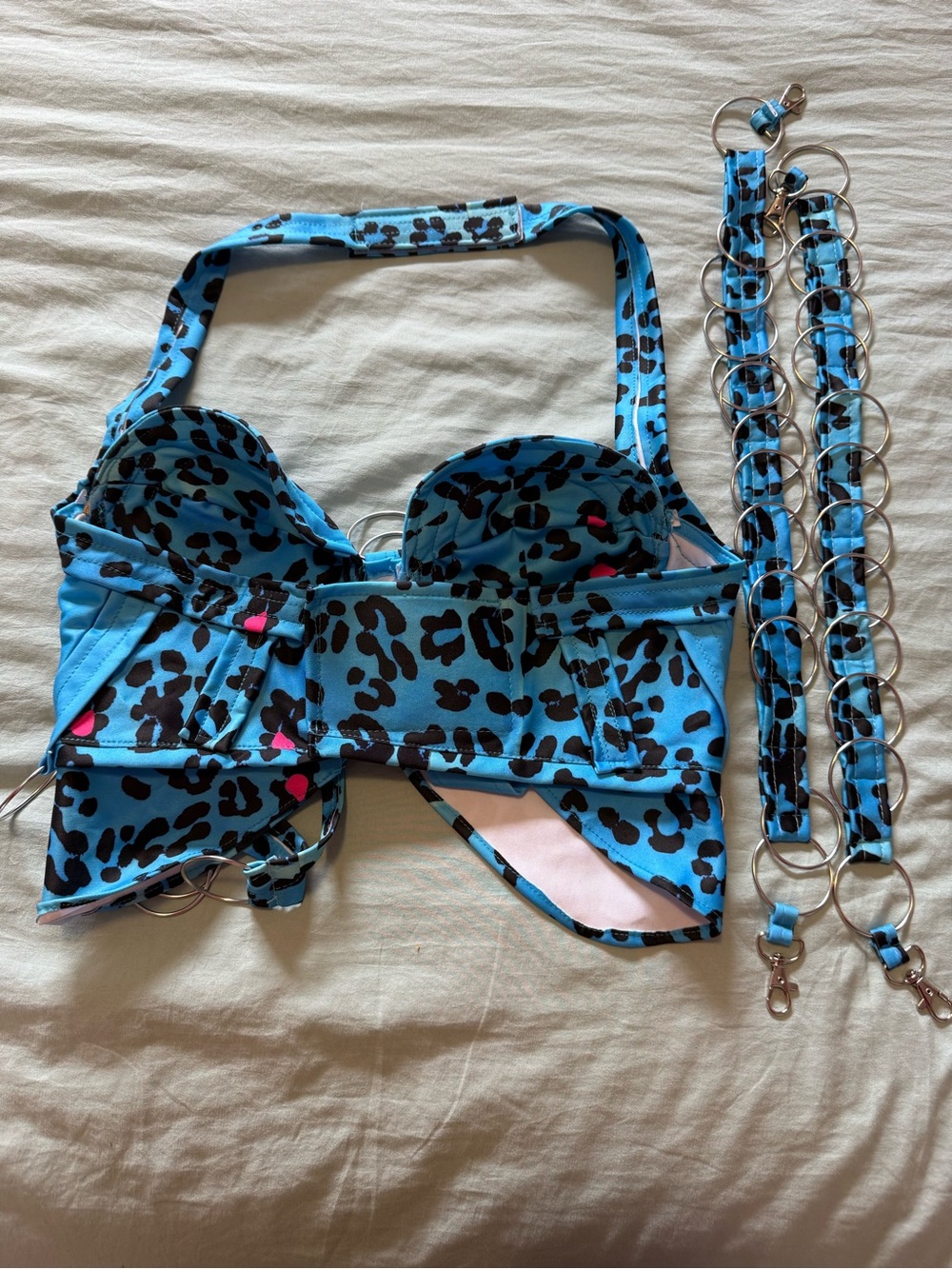 NWOT Handmade Rave Outfit Blue Leopard-Print Strappy Set with Ring Details - Picture 3 of 8